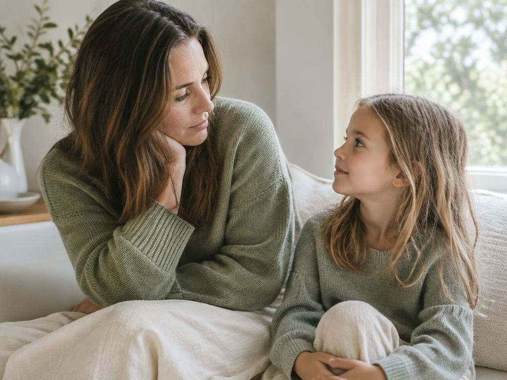 A parent and child sharing a thoughtful moment at home